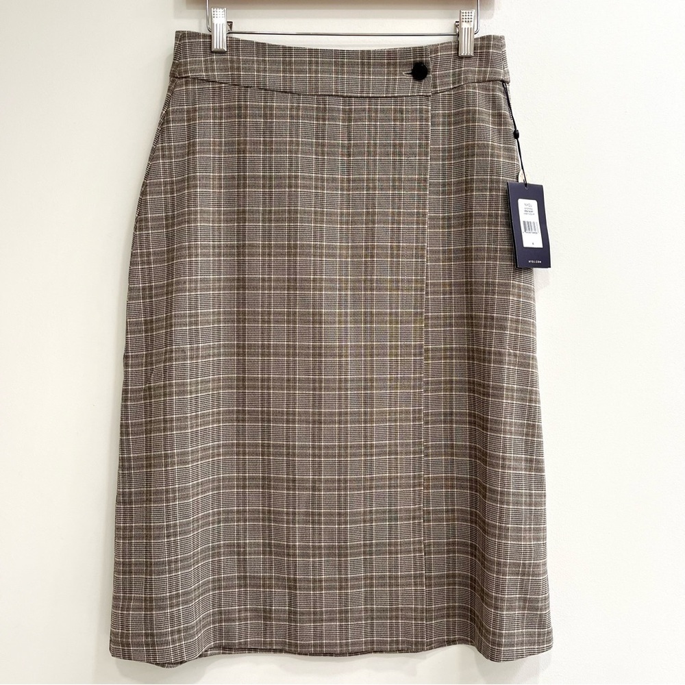 NYDJ Westview Plaid Woven Wrap Midi Skirt NWT Black Tan Academia Size 4